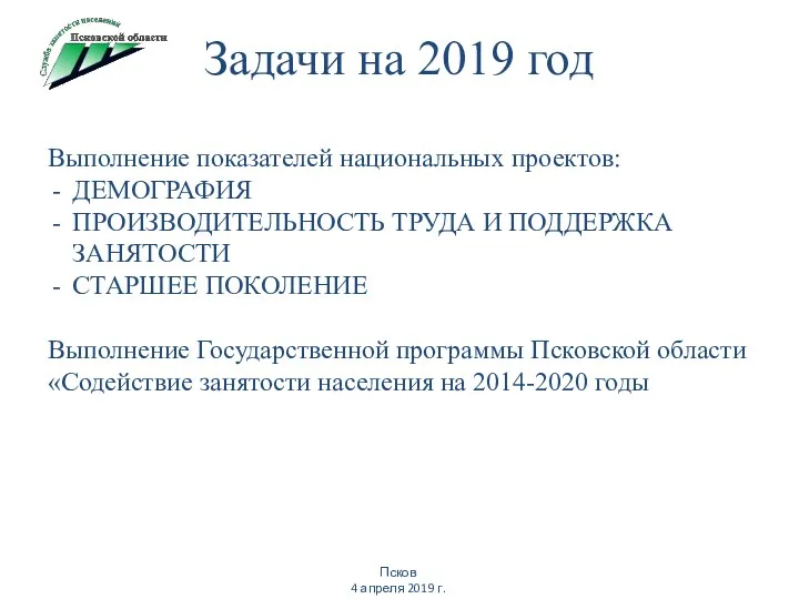 Задачи на 2019 год Псков 4 апреля 2019 г. Выполнение