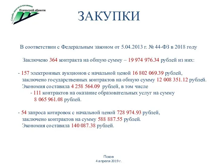 ЗАКУПКИ Псков 4 апреля 2019 г. В соответствии с Федеральным