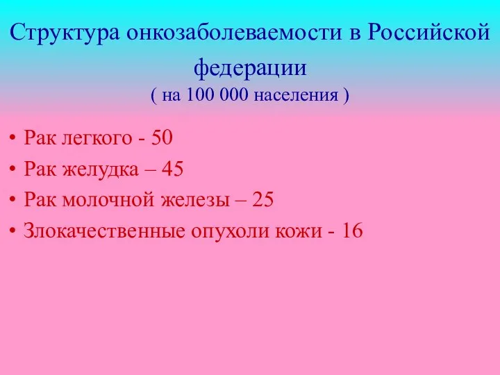 Структура онкозаболеваемости в Российской федерации ( на 100 000 населения