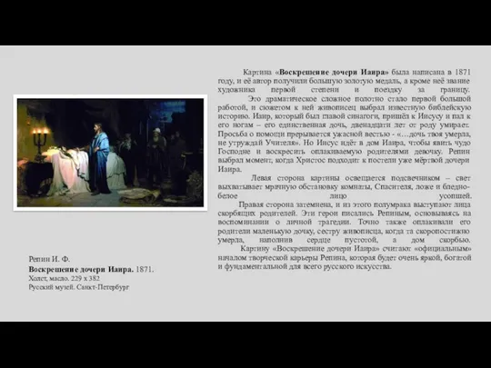 Картина «Воскрешение дочери Иаира» была написана в 1871 году, и