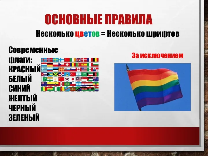 ОСНОВНЫЕ ПРАВИЛА Несколько цветов = Несколько шрифтов Современные флаги: КРАСНЫЙ