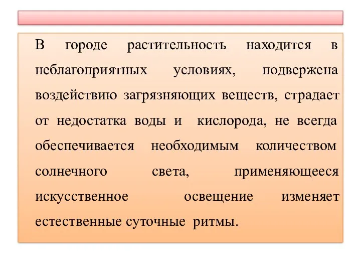 В городе растительность находится в неблагоприятных условиях, подвержена воздействию загрязняющих