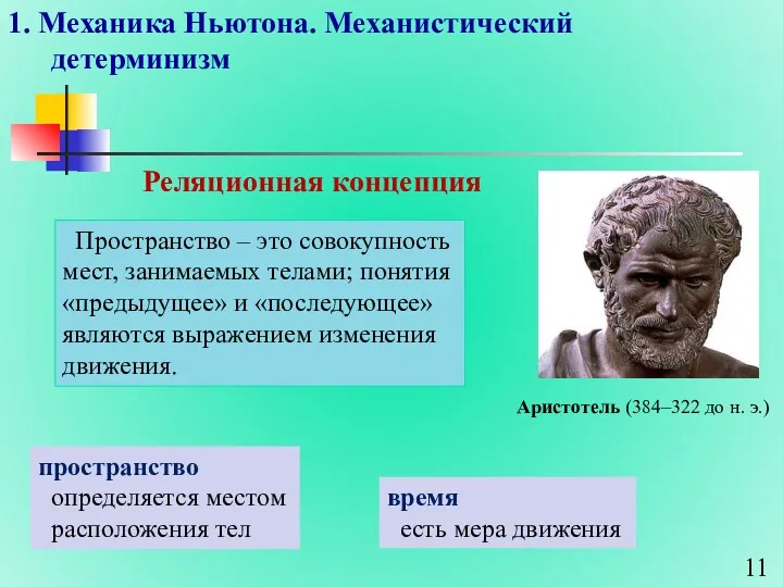 1. Механика Ньютона. Механистический детерминизм Реляционная концепция пространство определяется местом расположения тел Аристотель