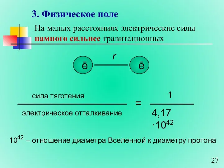 3. Физическое поле На малых расстояниях электрические силы намного сильнее гравитационных 1042 –