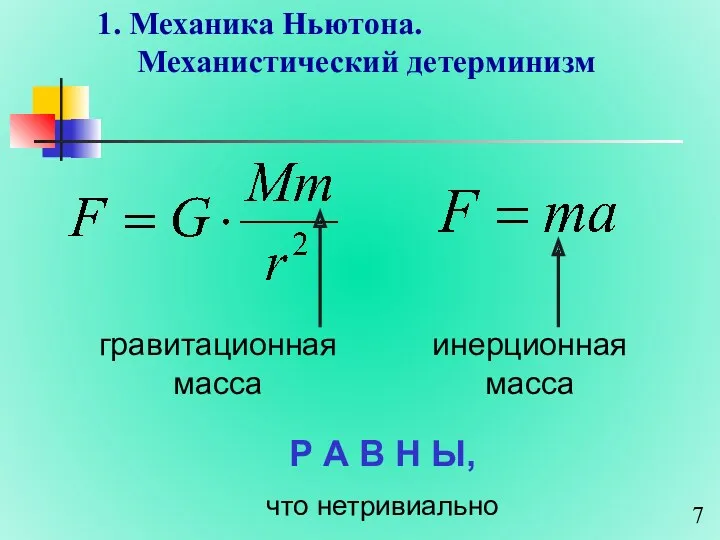 1. Механика Ньютона. Механистический детерминизм инерционная масса гравитационная масса Р А В Н Ы, что нетривиально