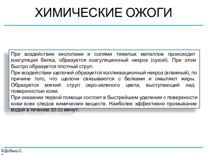 ХИМИЧЕСКИЕ ОЖОГИ ©Добыш С.А. При воздействии кислотами и солями тяжелых