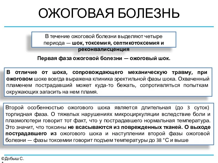 ОЖОГОВАЯ БОЛЕЗНЬ ©Добыш С.А. В течение ожоговой болезни выделяют четыре