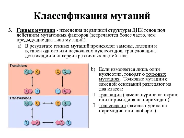 Классификация мутаций Генные мутации - изменения первичной структуры ДНК генов