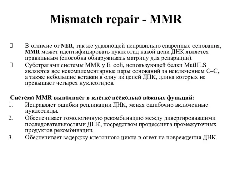 Mismatch repair - MMR В отличие от NER, так же