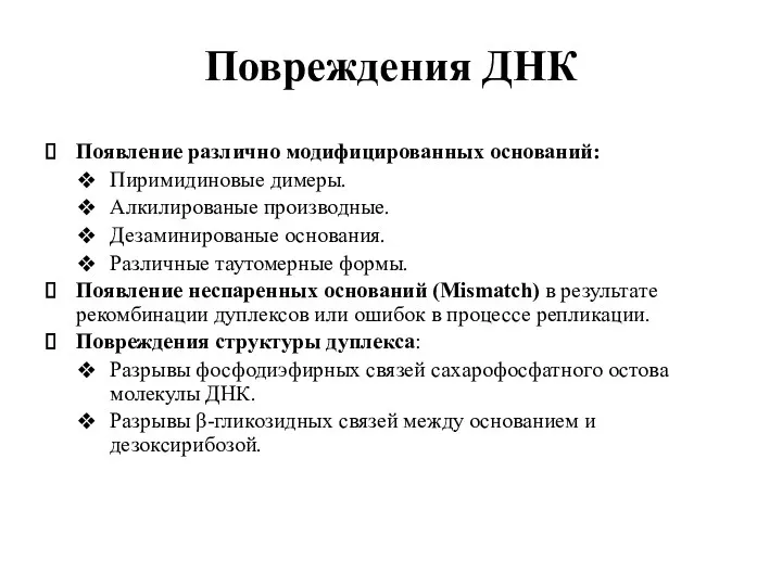 Повреждения ДНК Появление различно модифицированных оснований: Пиримидиновые димеры. Алкилированые производные.