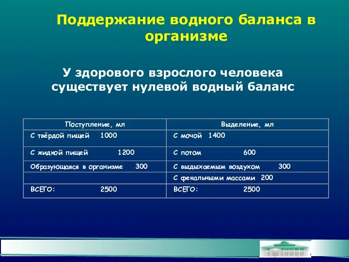 Поддержание водного баланса в организме У здорового взрослого человека существует нулевой водный баланс