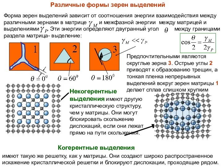 Различные формы зерен выделений Форма зерен выделений зависит от соотношения