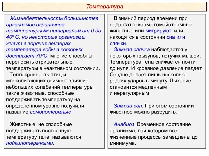 Жизнедеятельность большинства организмов ограничена температурным интервалом от 0 до 40º