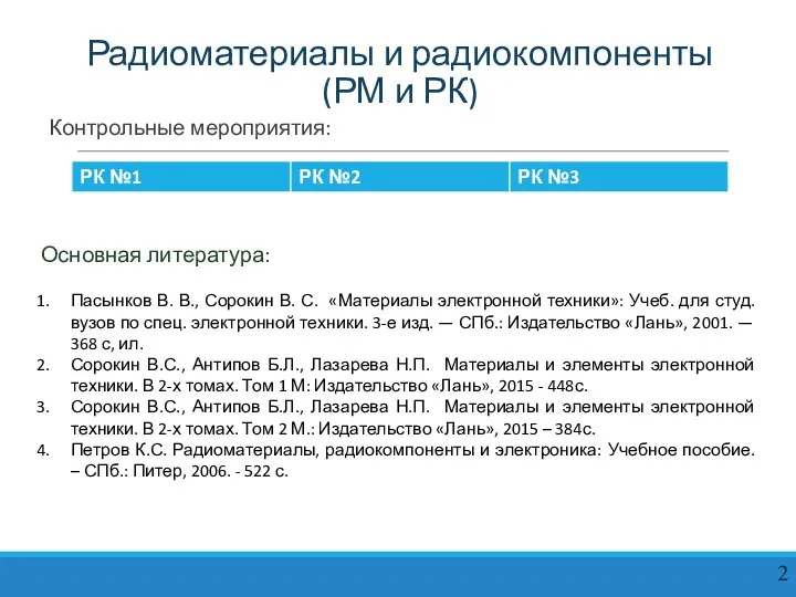 Радиоматериалы и радиокомпоненты (РМ и РК) Контрольные мероприятия: Основная литература: