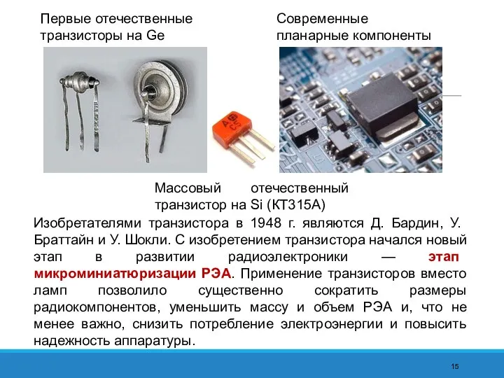 Изобретателями транзистора в 1948 г. являются Д. Бардин, У. Браттайн