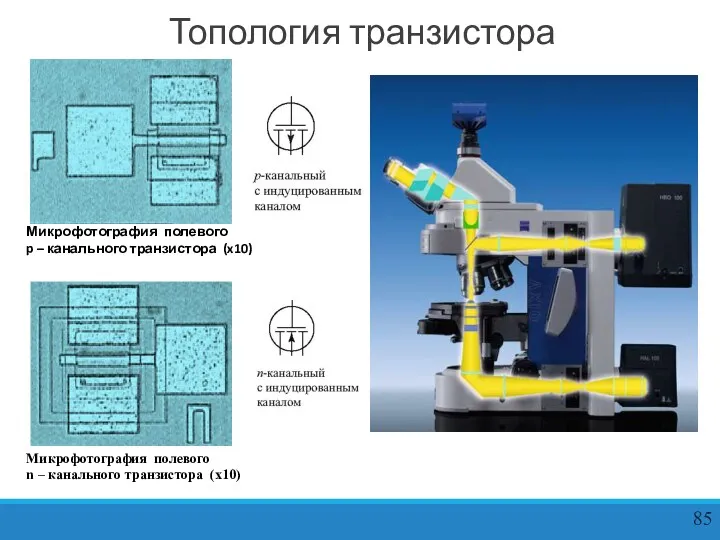 Топология транзистора Микрофотография полевого n – канального транзистора (x10) Микрофотография полевого p – канального транзистора (x10)