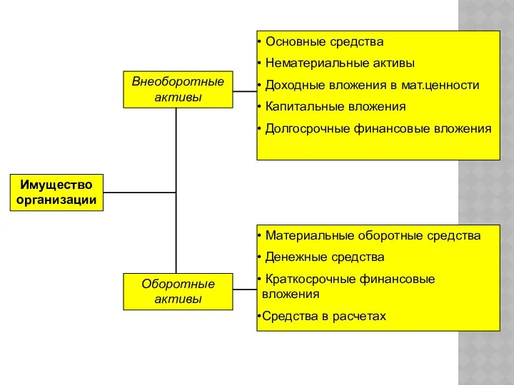 Имущество организации Внеоборотные активы Оборотные активы Основные средства Нематериальные активы