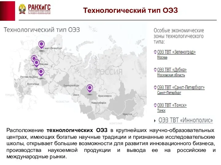 Технологический тип ОЭЗ Расположение технологических ОЭЗ в крупнейших научно-образовательных центрах,