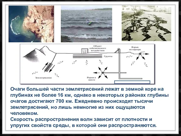 Очаги большей части землетрясений лежат в земной коре на глубинах