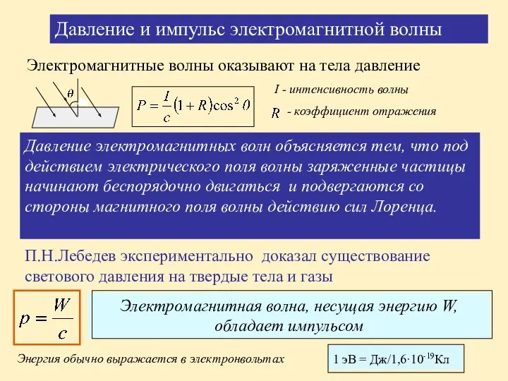 Давление и импульс электромагнитной волны Электромагнитные волны оказывают на тела