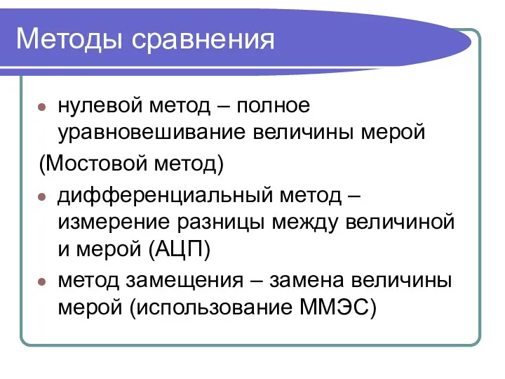 Методы сравнения нулевой метод – полное уравновешивание величины мерой (Мостовой