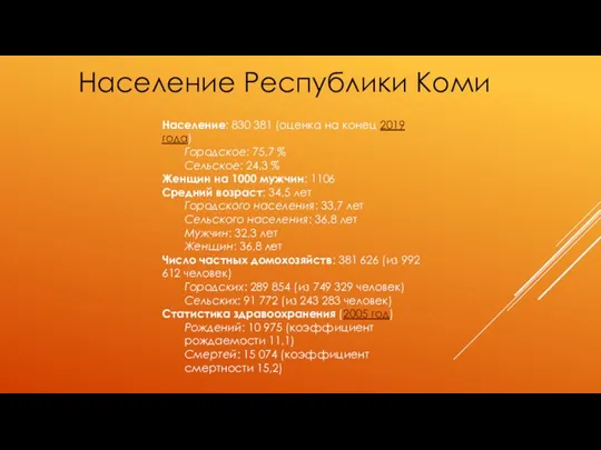 Население Республики Коми Население: 830 381 (оценка на конец 2019