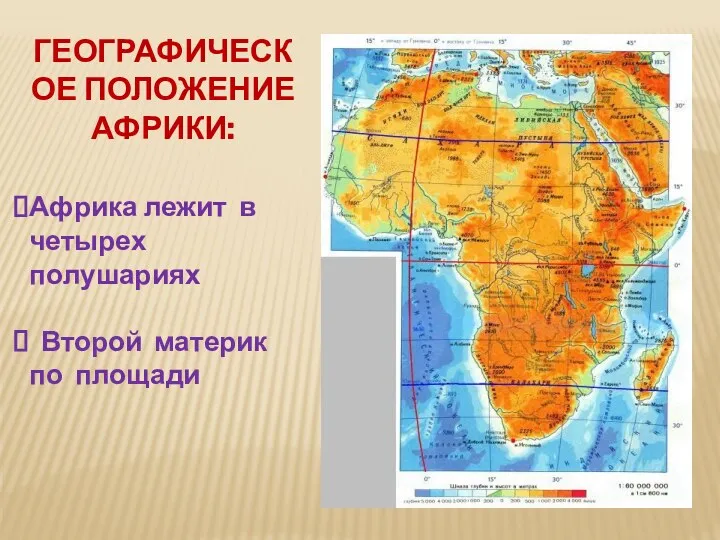 ГЕОГРАФИЧЕСКОЕ ПОЛОЖЕНИЕ АФРИКИ: Африка лежит в четырех полушариях Второй материк по площади