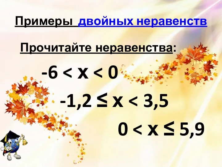 Примеры двойных неравенств Прочитайте неравенства: -6 -1,2 ≤ х 0