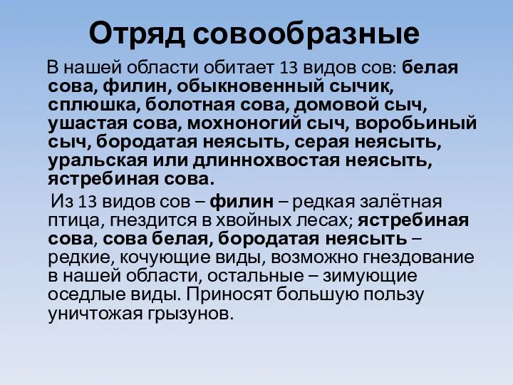 Отряд совообразные В нашей области обитает 13 видов сов: белая