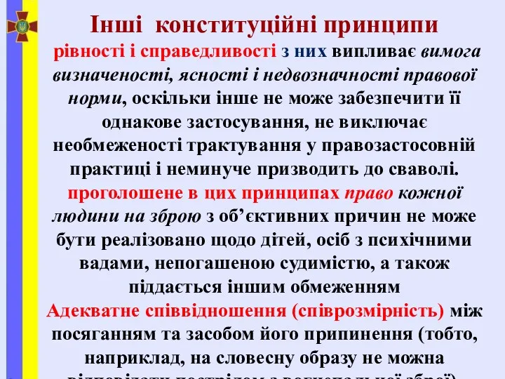 Інші конституційні принципи рівності і справедливості з них випливає вимога