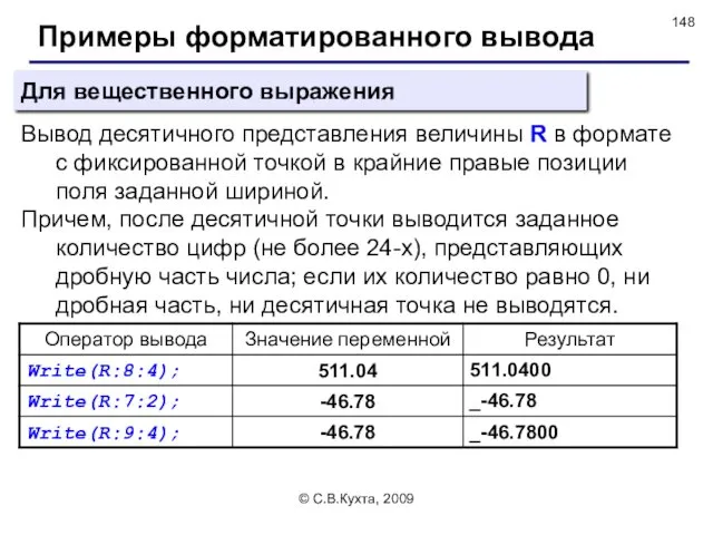 © С.В.Кухта, 2009 Примеры форматированного вывода Вывод десятичного представления величины