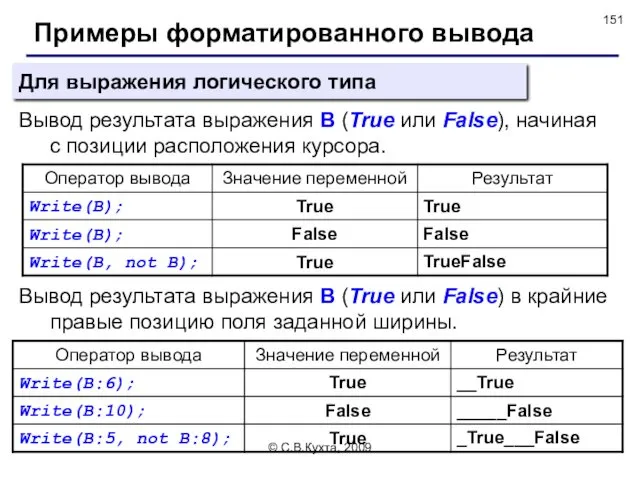 © С.В.Кухта, 2009 Примеры форматированного вывода Вывод результата выражения B