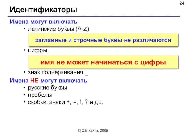 © С.В.Кухта, 2009 Идентификаторы Имена могут включать латинские буквы (A-Z)