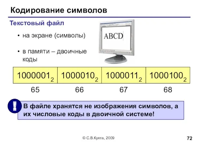 © С.В.Кухта, 2009 Кодирование символов Текстовый файл на экране (символы) в памяти – двоичные коды