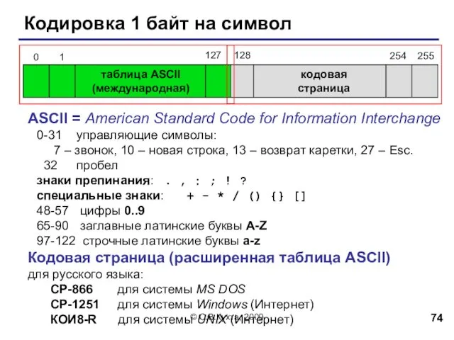 © С.В.Кухта, 2009 Кодировка 1 байт на символ таблица ASCII