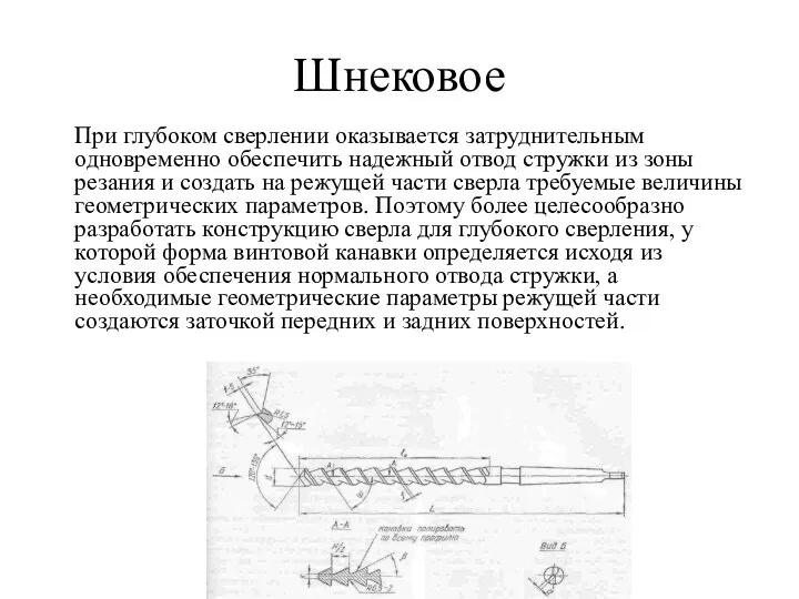 Шнековое При глубоком сверлении оказывается затруднительным одновременно обеспечить надежный отвод