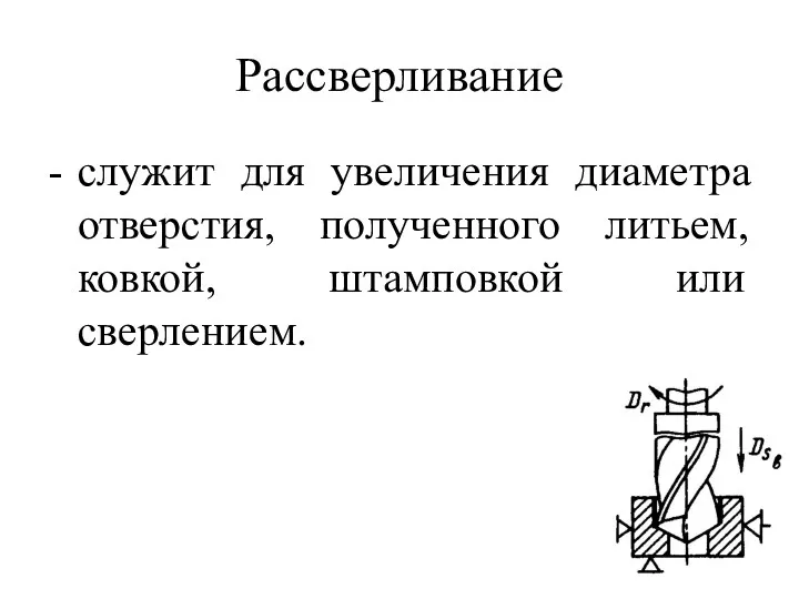 Рассверливание - служит для увеличения диаметра отверстия, полученного литьем, ковкой, штамповкой или сверлением.