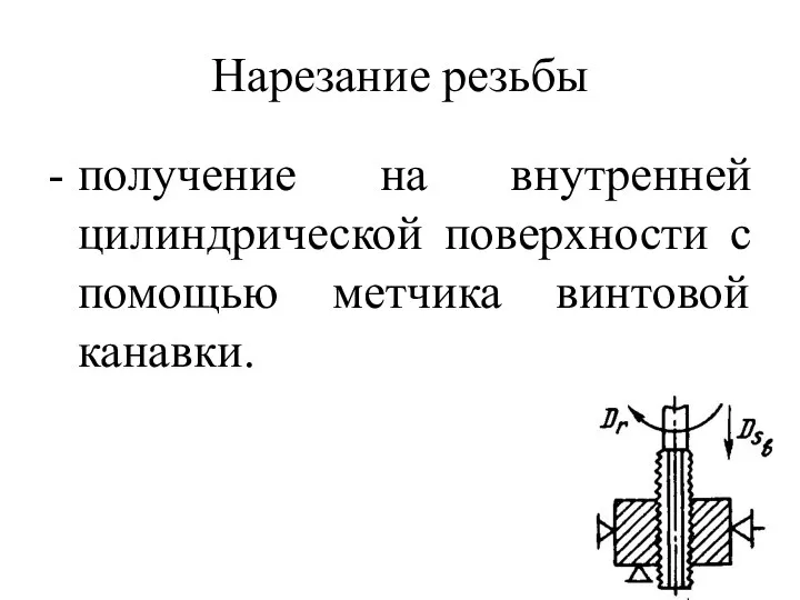 Нарезание резьбы - получение на внутренней цилиндрической поверхности с помощью метчика винтовой канавки.