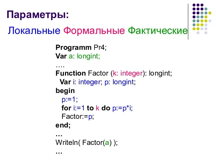 Параметры: Локальные Формальные Фактические Programm Pr4; Var a: longint; ….