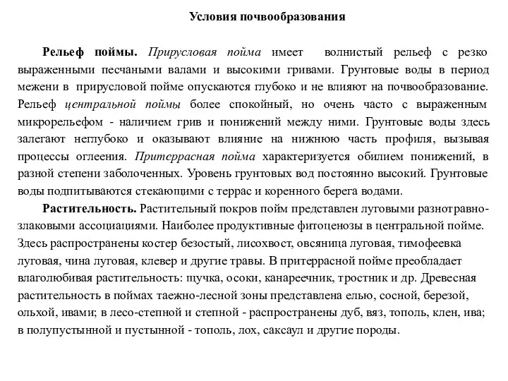 Условия почвообразования Рельеф поймы. Прирусловая пойма имеет волнистый рельеф с