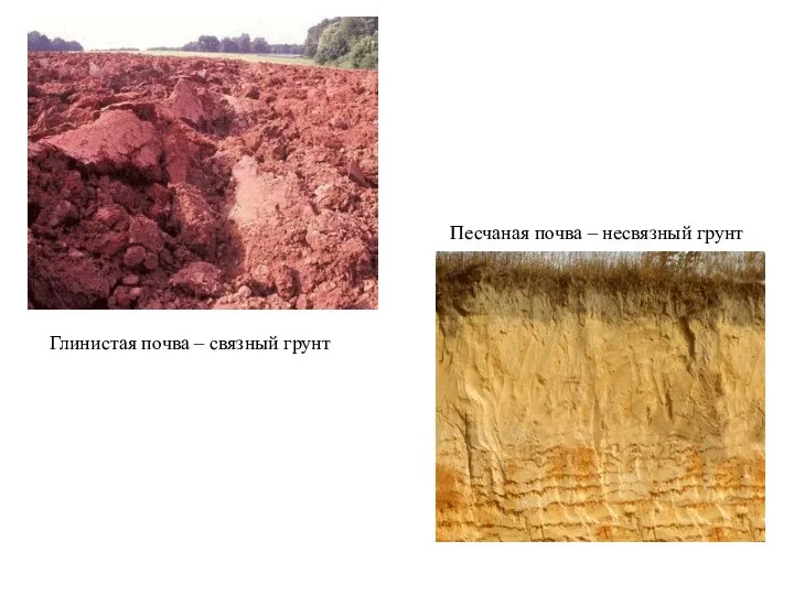 Песчаная почва – несвязный грунт Глинистая почва – связный грунт