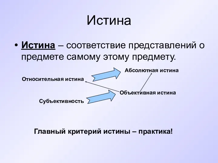 Истина Истина – соответствие представлений о предмете самому этому предмету.