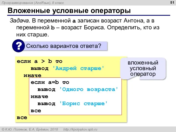 Вложенные условные операторы Задача. В переменной a записан возраст Антона,