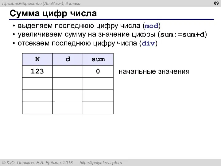 Сумма цифр числа выделяем последнюю цифру числа (mod) увеличиваем сумму