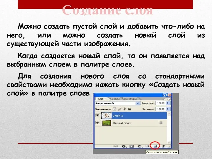 Создание слоя Можно создать пустой слой и добавить что-либо на