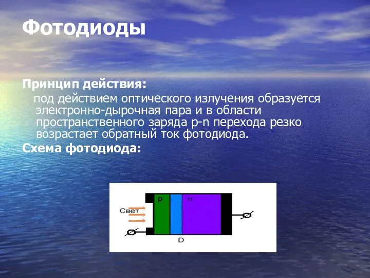 Фотодиоды Принцип действия: под действием оптического излучения образуется электронно-дырочная пара и в области