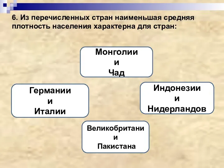 6. Из перечисленных стран наименьшая средняя плотность населения характерна для