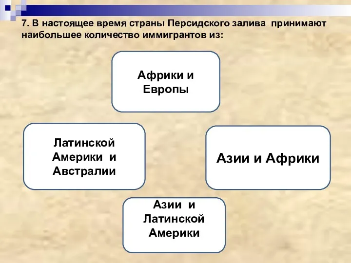 7. В настоящее время страны Персидского залива принимают наибольшее количество иммигрантов из: Азии