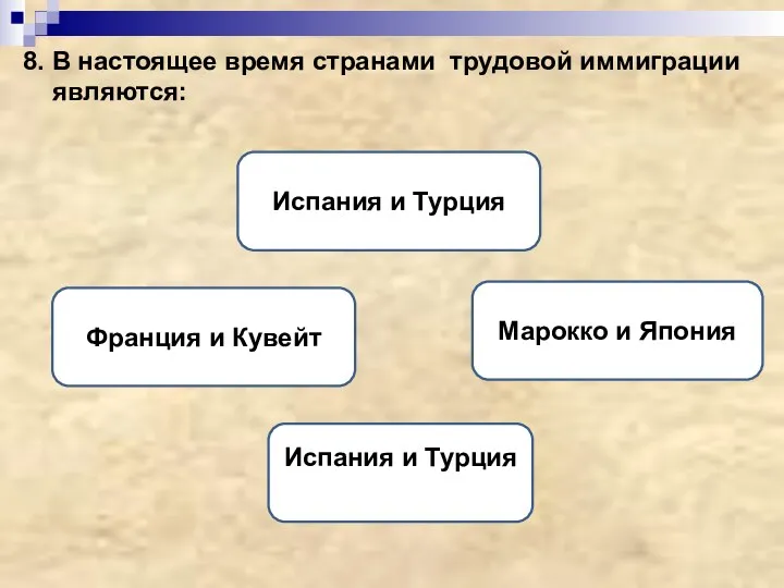 8. В настоящее время странами трудовой иммиграции являются: Франция и Кувейт Испания и