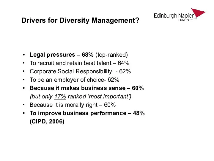 Drivers for Diversity Management? Legal pressures – 68% (top-ranked) To